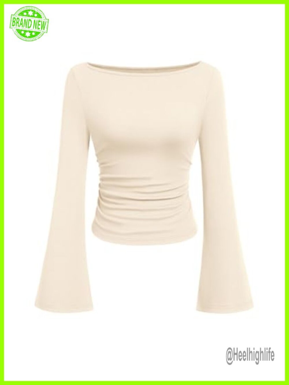 Womens Ribbed Knit Boat Neck Bell Sleeve Long Sleeve Top Casual Tee
